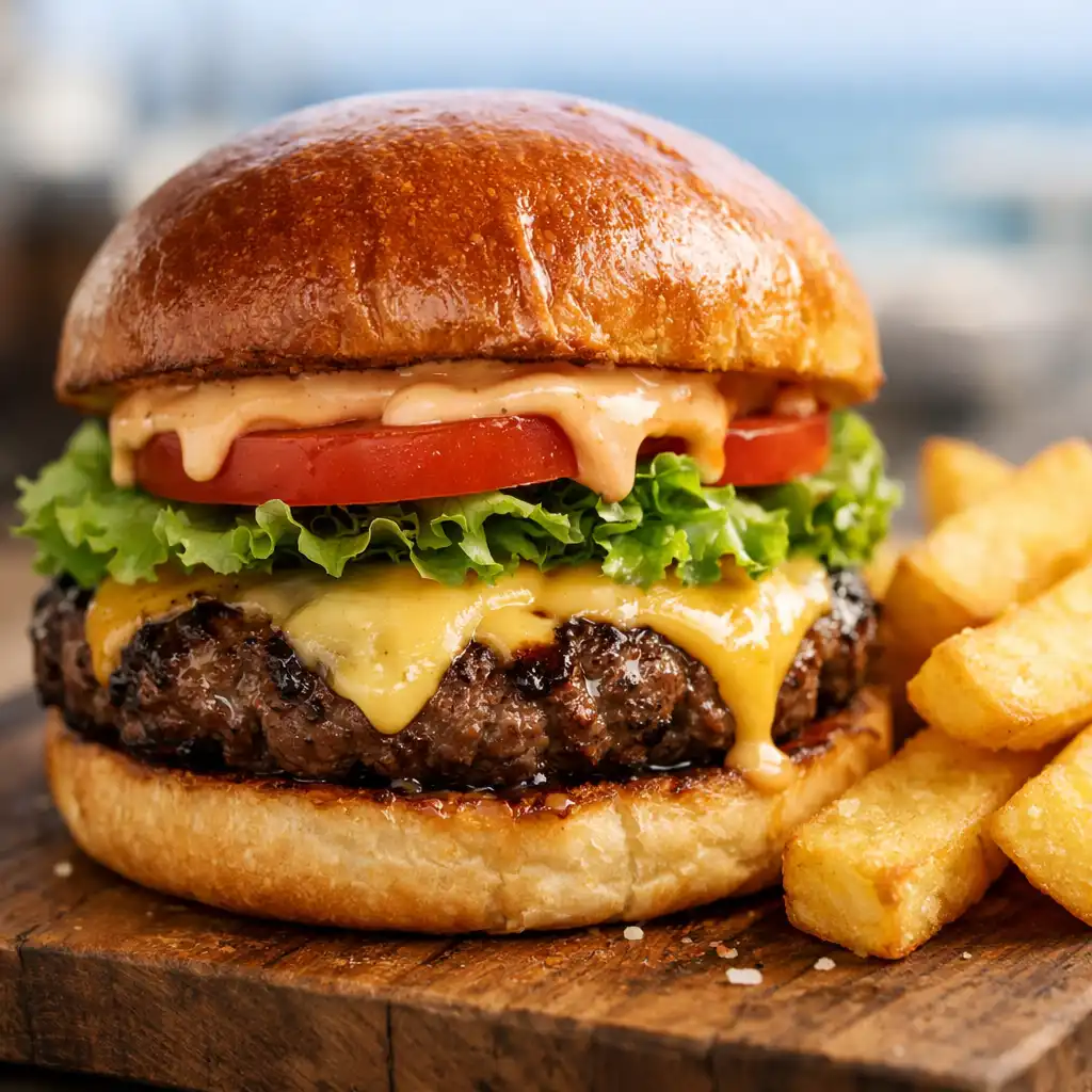 Gourmet beef burger with melted cheese, lettuce, tomato, and thick-cut chips on a wooden board