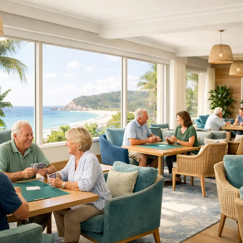 Sunlit interior of the Card Lounge with comfortable seating, card tables, and coastal decor