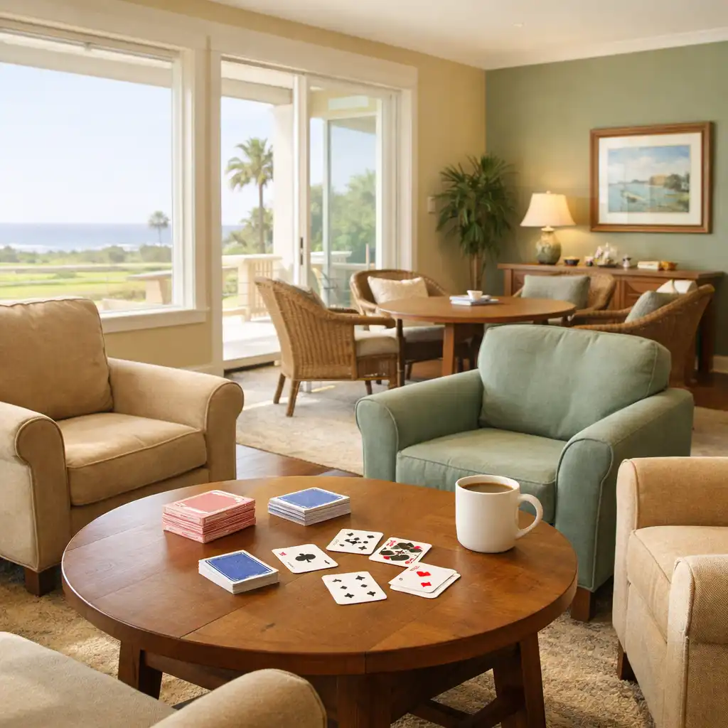 Comfortable seating and low tables in the bright card lounge