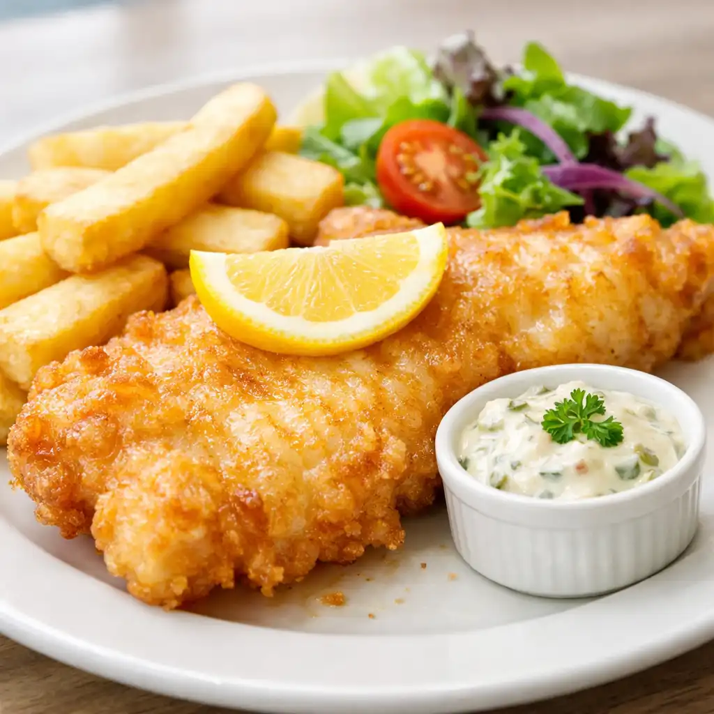 Golden battered fish with thick-cut chips, salad, and tartare sauce on a white plate