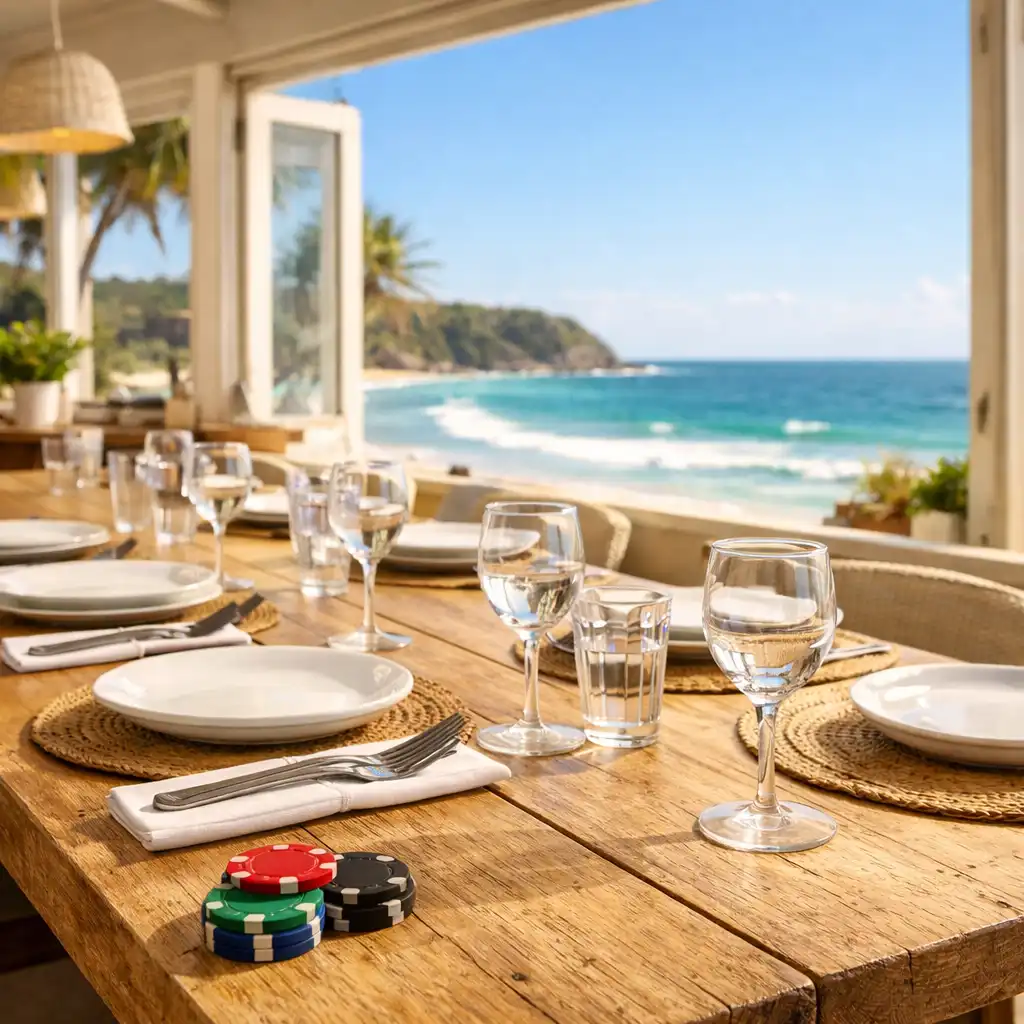 Bright coastal restaurant interior with a long wooden table set for dining and a few poker chips at one end