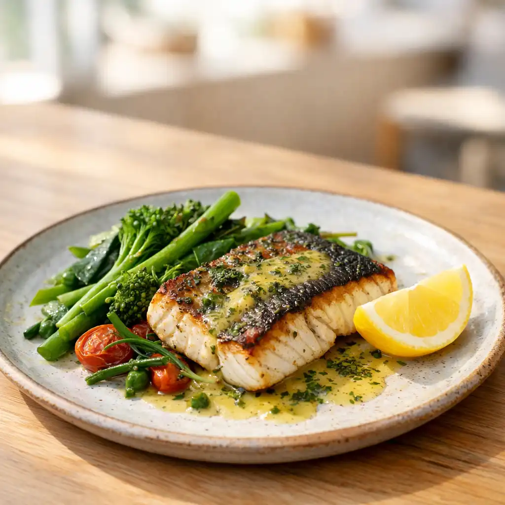 Grilled barramundi with lemon myrtle butter and seasonal greens on a timber table