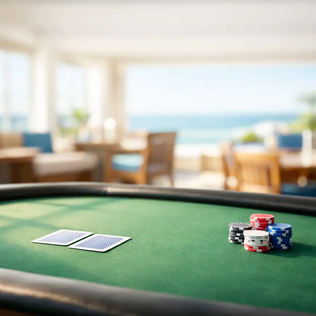A sunlit poker table with cards and chips in a bright coastal clubhouse