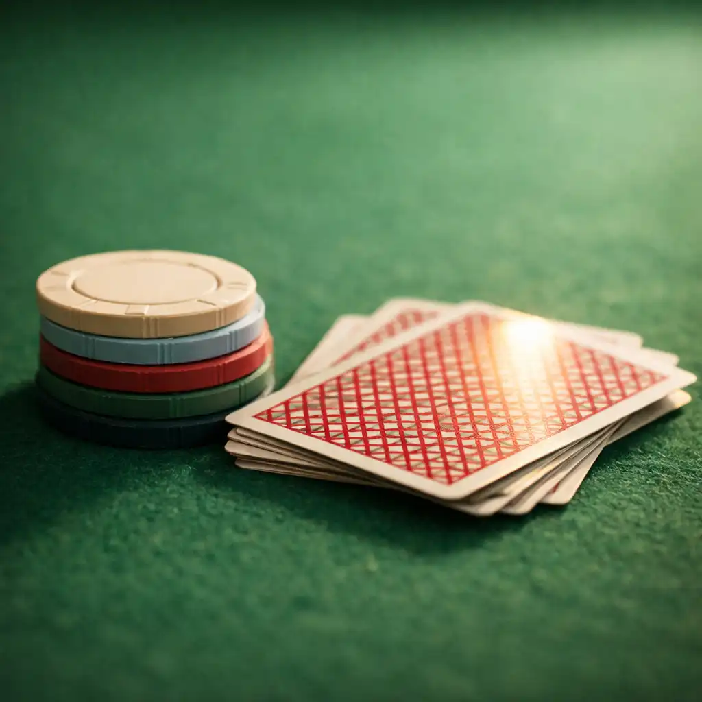 Close-up of face-down playing cards and non-denominational clay chips on the green felt poker table