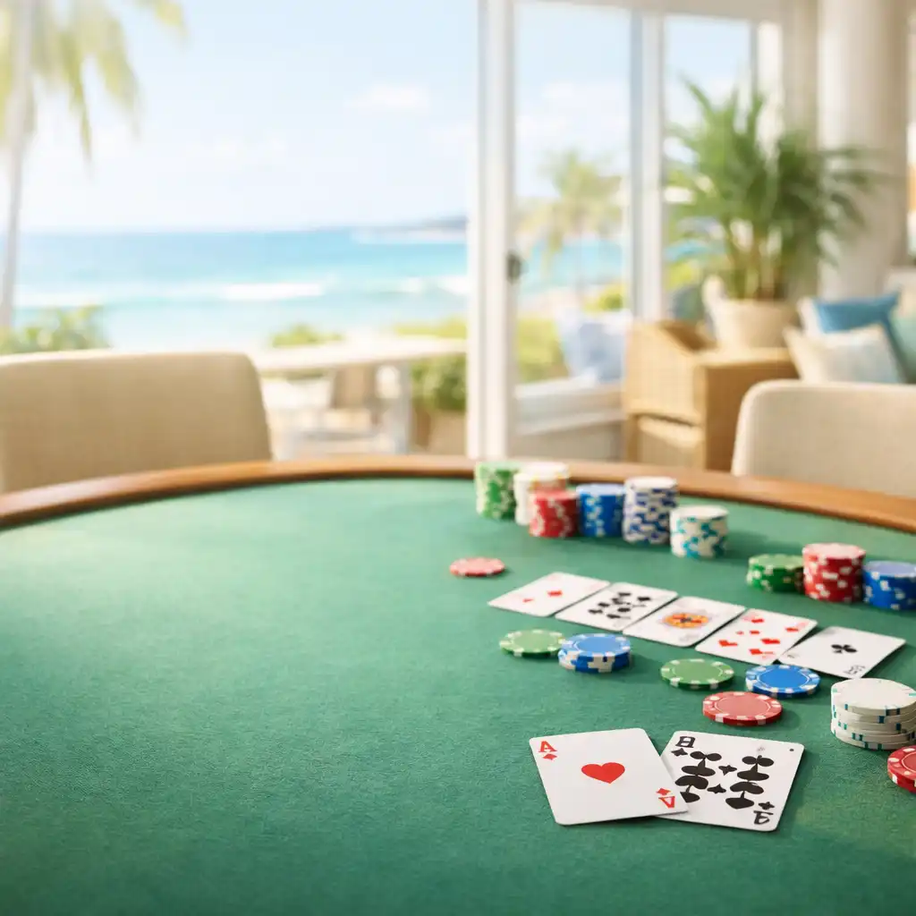 A sunlit poker table with cards and chips in a bright coastal clubhouse