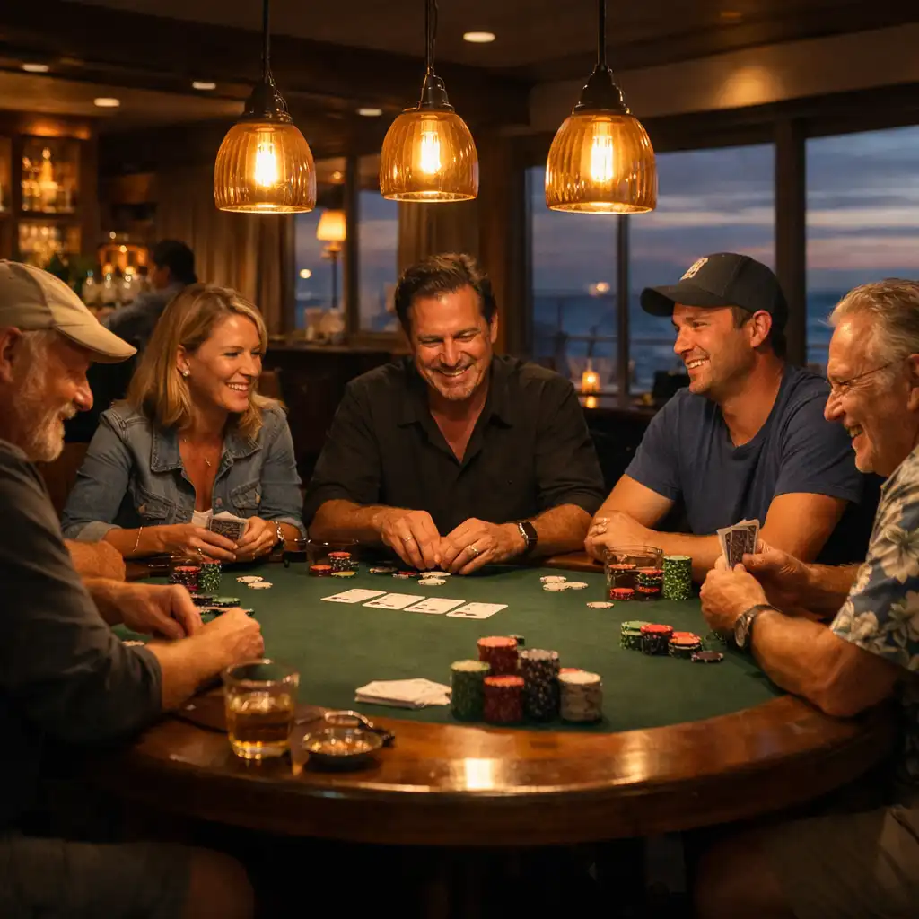 Players enjoying a poker night at Card Corner Billabong under warm pendant lights