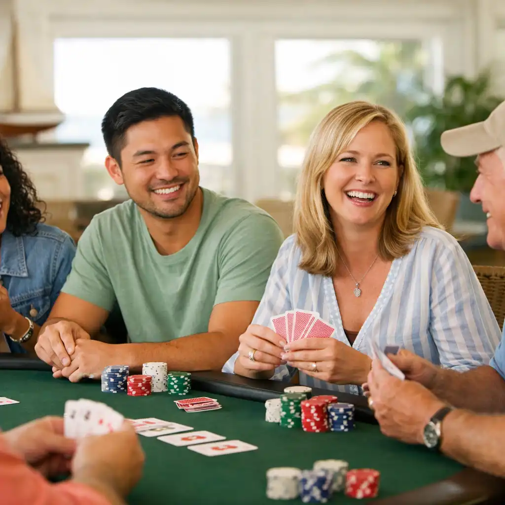A diverse group of adults smiling and chatting around a poker table in the bright coastal clubhouse