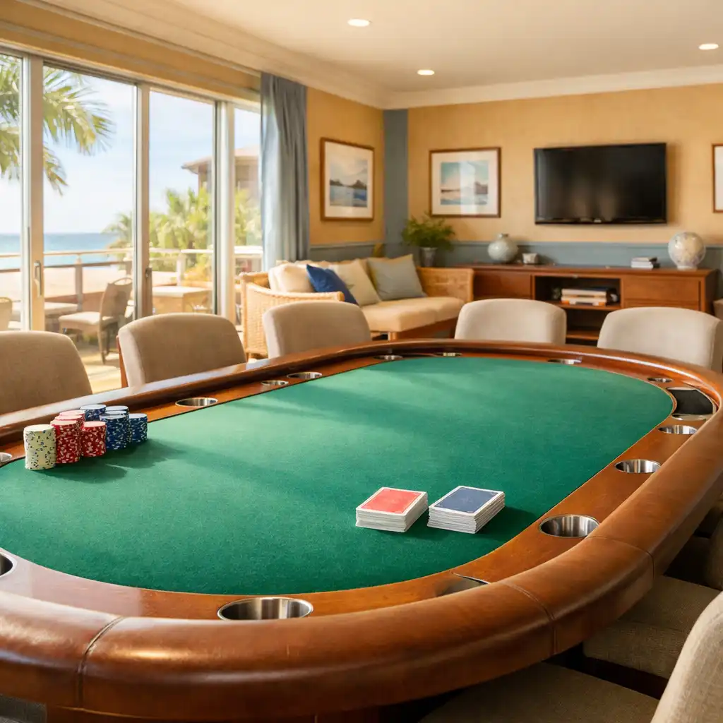 Sunlit poker room at Card Corner Billabong with a large wooden table and coastal clubhouse atmosphere