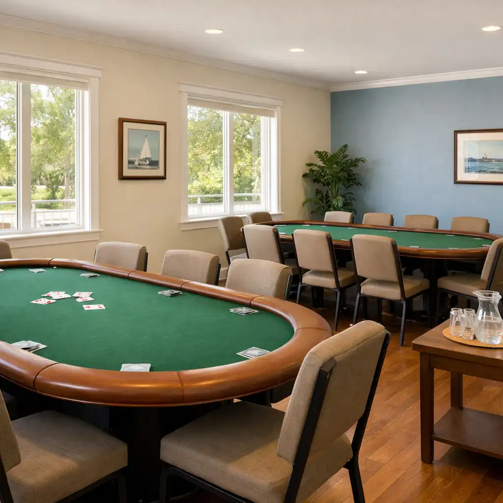Interior of the dedicated poker room with wide tables and natural light
