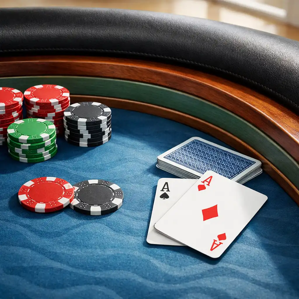 Close-up of a poker table rail, ocean blue felt, and wooden rim