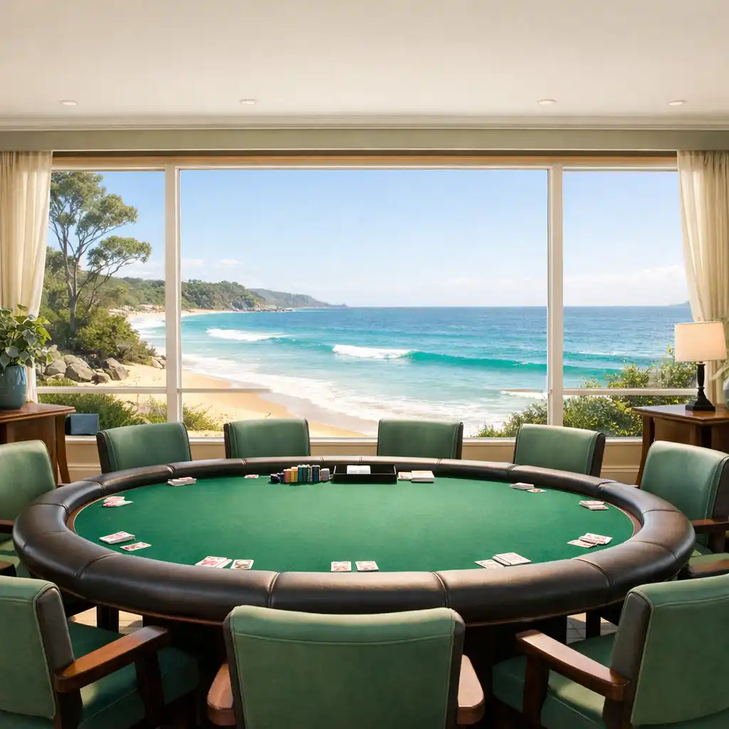 Sunlit poker table in the Card Corner Billabong poker room with coastal views