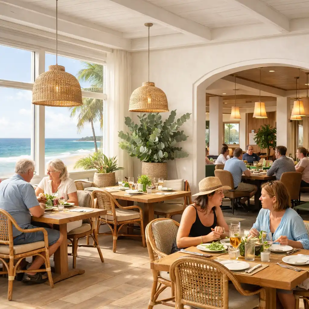 Bright coastal restaurant interior at Card Corner Billabong with wooden tables and beach views